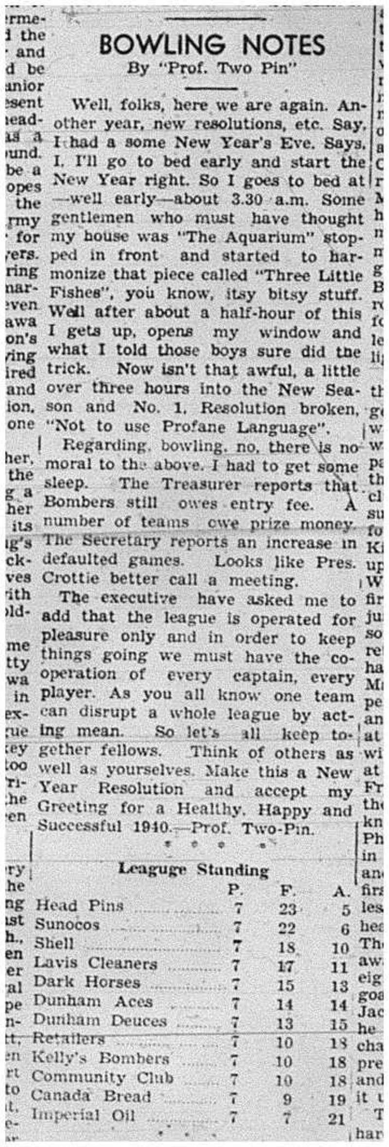 1940-01-04 Bowling -Notes & Standings