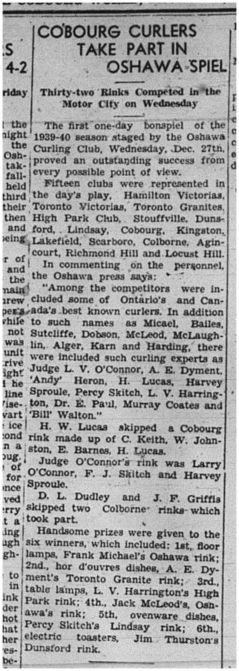 1940-01-04 Curling -Cobourg at Oshawa Bonspiel
