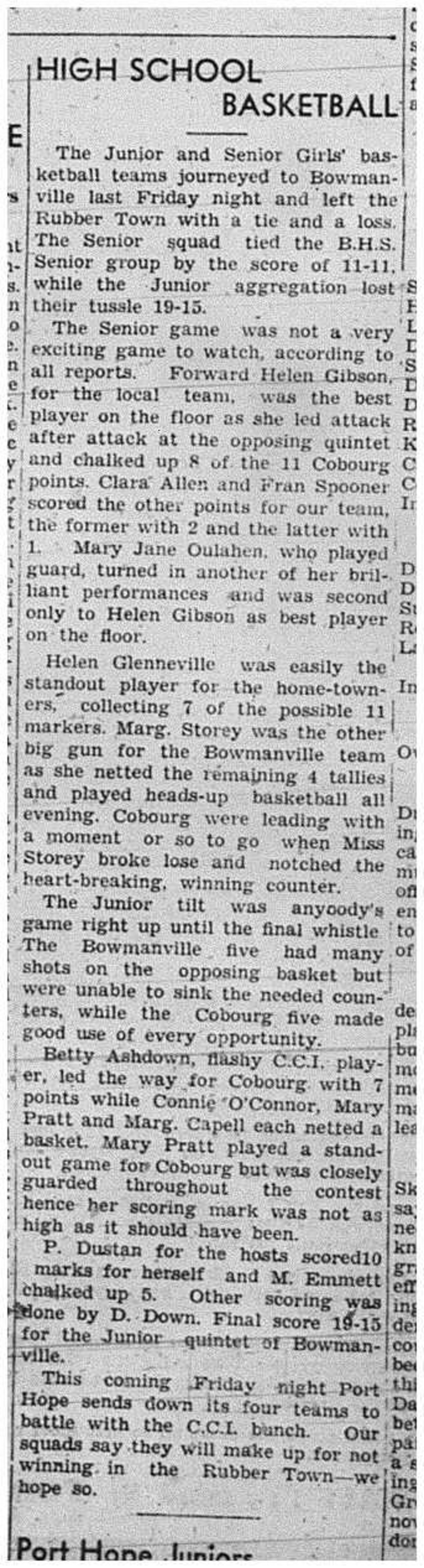 1940-01-18 School -Basketball Girls vs Bowmanville