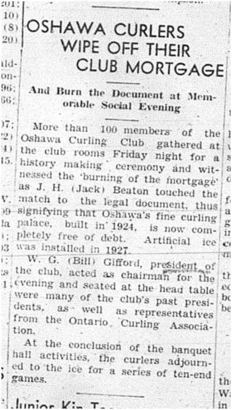 1940-02-08 Curling -Oshawa Club burns mortgage