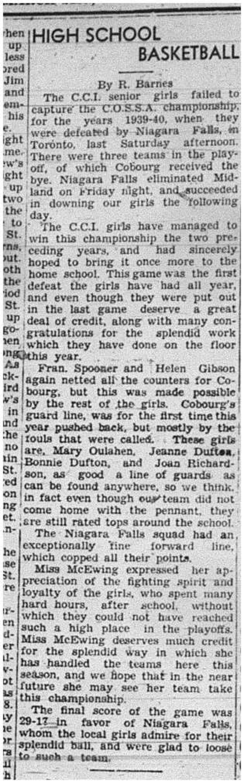 1940-03-21 School -Basketball Senior Girls vs Niagara Falls for Championship
