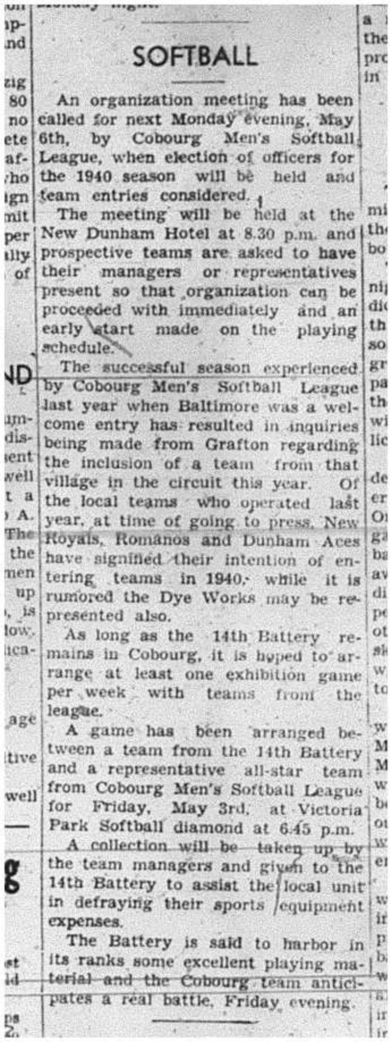 1940-05-02 Softball -Cobourg Mens League Organizes