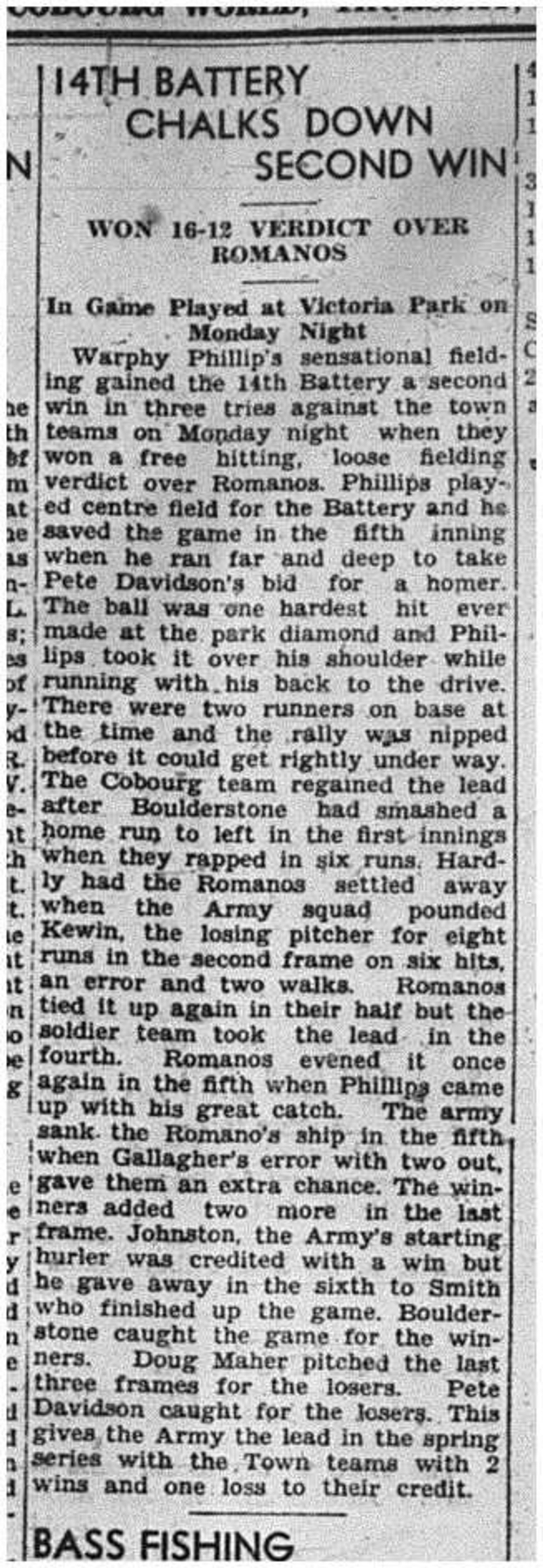 1940-05-09 Softball -14th Battery vs Romanos