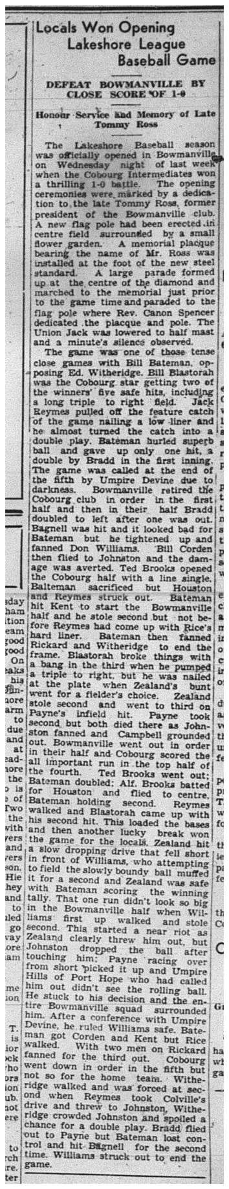 1940-06-06 Baseball -Lakeshore League opens