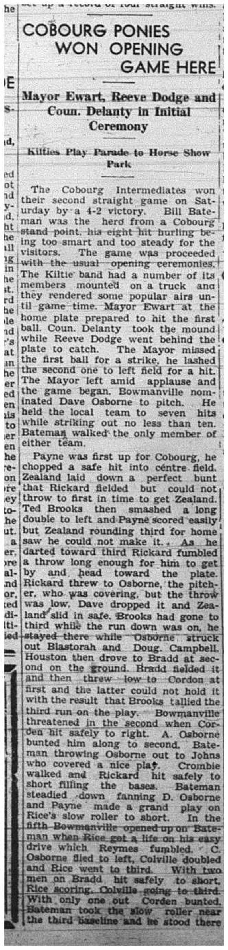 1940-06-13 Baseball -Cobourg Intermediate Ponies Home Opener