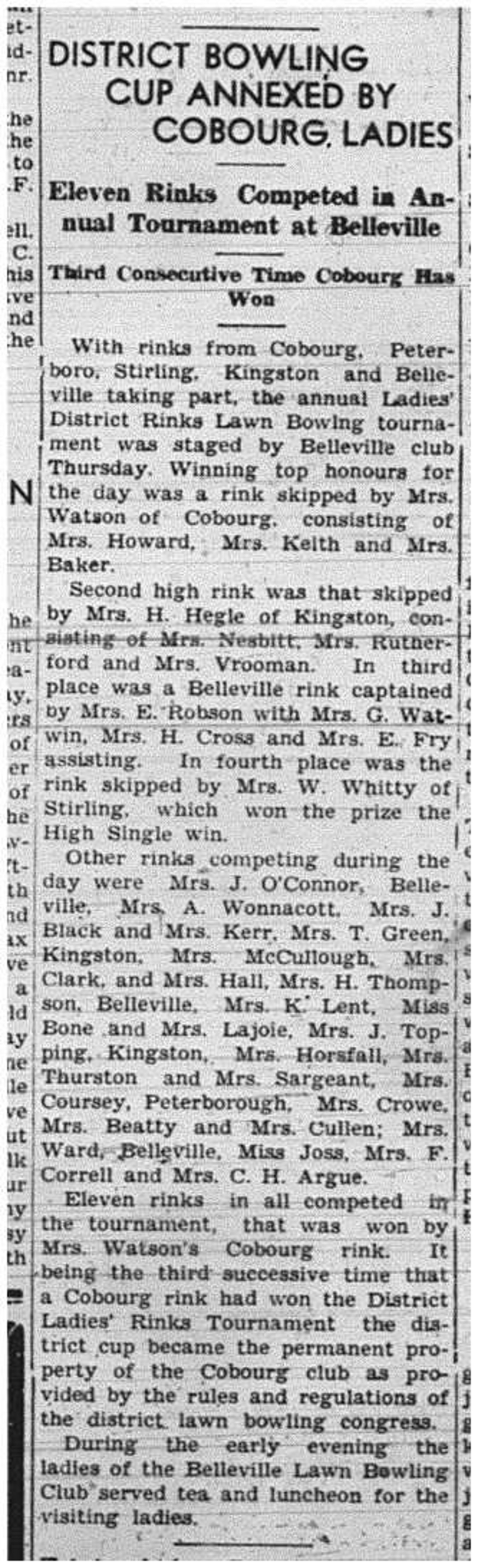 1940-07-04 Lawn Bowling -Cobourg Ladies win District Tourney