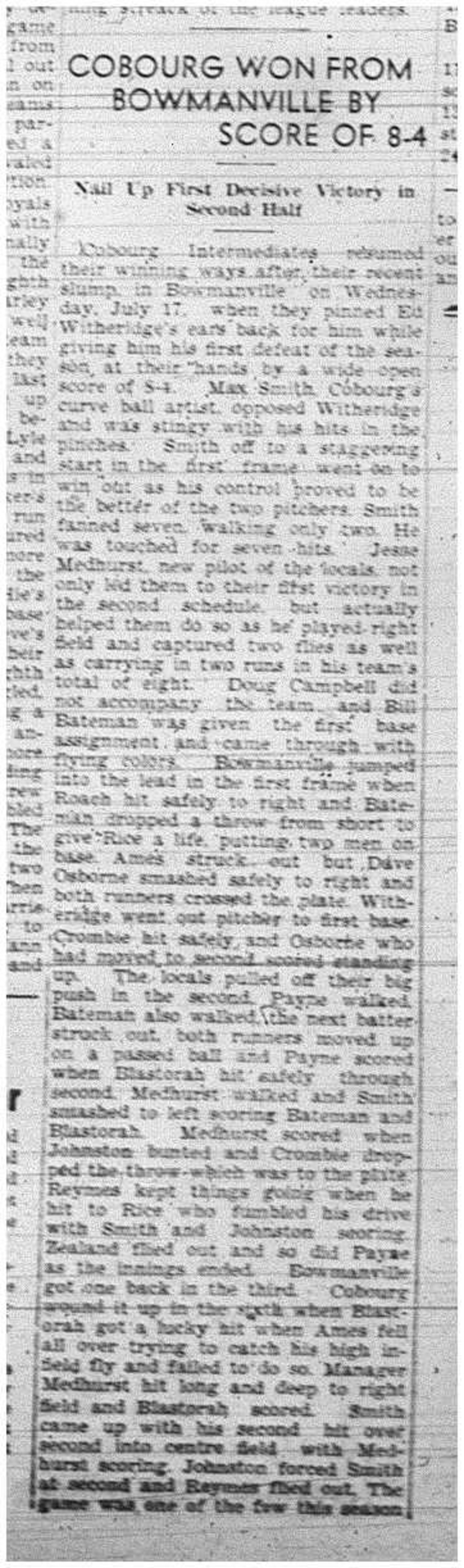 1940-07-25 Baseball -Intermediates vs Bowmanville