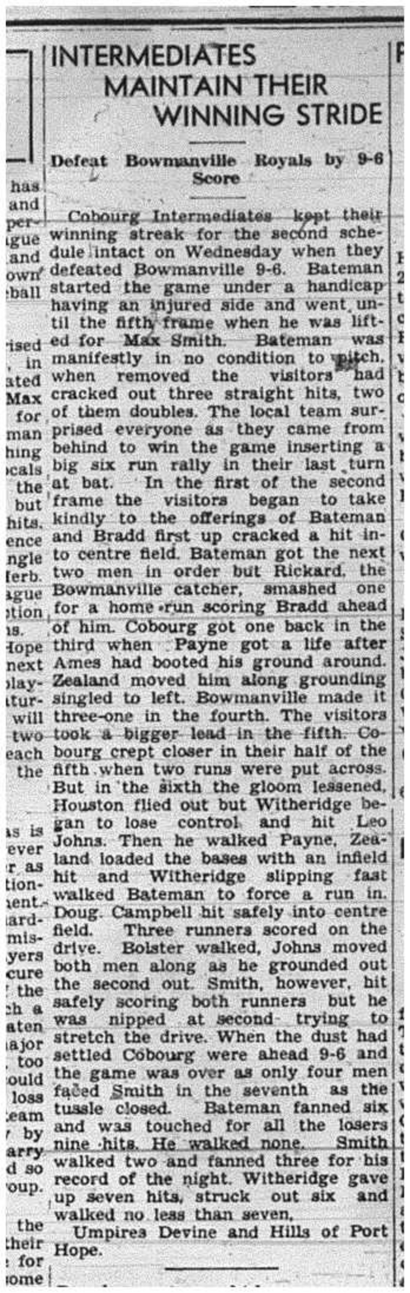 1940-08-01 Baseball -Intermediates vs Bowmanville