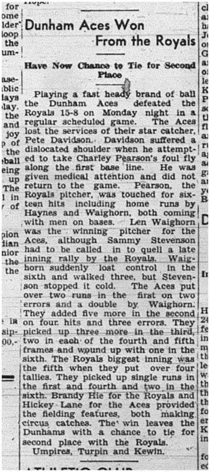 1940-08-01 Softball -Mens League Aces vs Royals