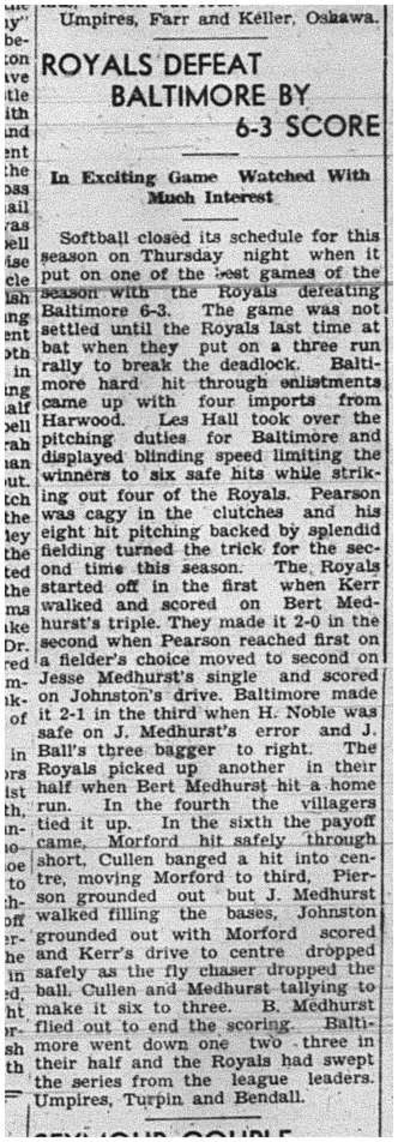 1940-08-08 Softball -Mens League Royals vs Baltimore