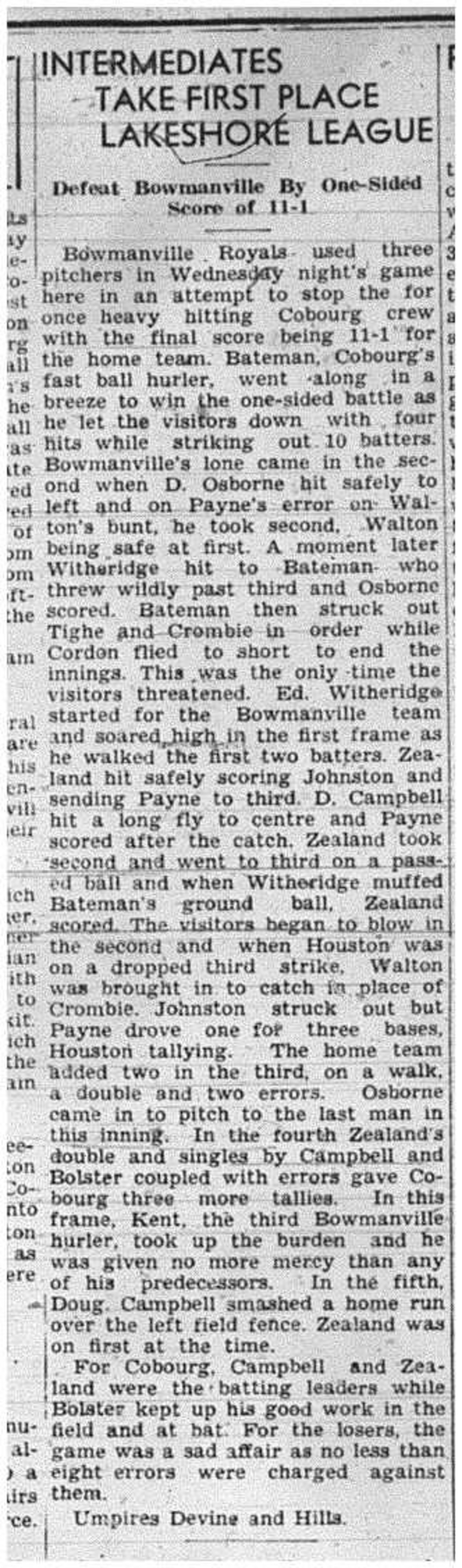 1940-08-15 Baseball -Intermediates vs Bowmanville-Into 1st Place