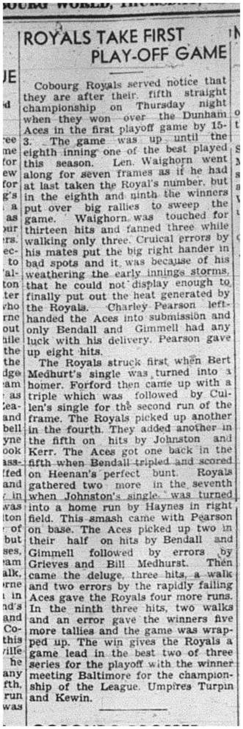 1940-08-15 Softball -Mens League Aces vs Royals