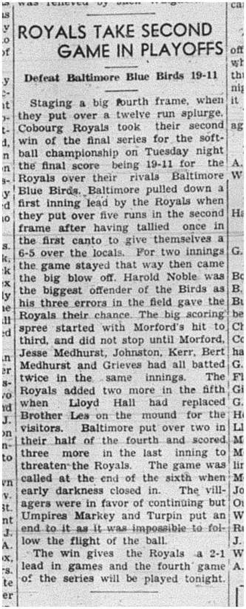 1940-08-29 Softball -Mens League Royals beat Baltimore Game 2