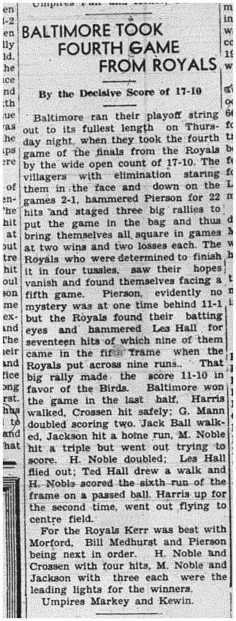 1940-09-05 Softball -Mens League Royals vs Baltimore Game 4