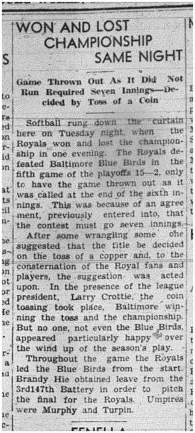 1940-09-05 Softball -Royals vs Baltimore goes to coin toss for Championship