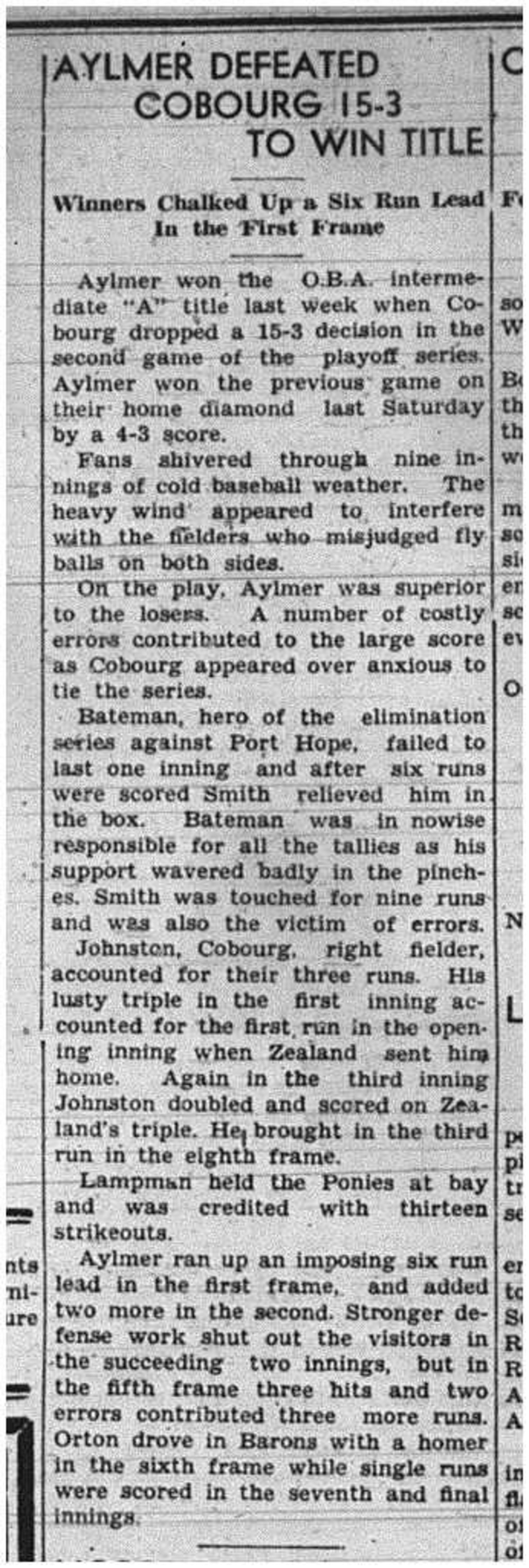 1940-10-03 Baseball -Intermediates vs Aylmer Game 2 Championship