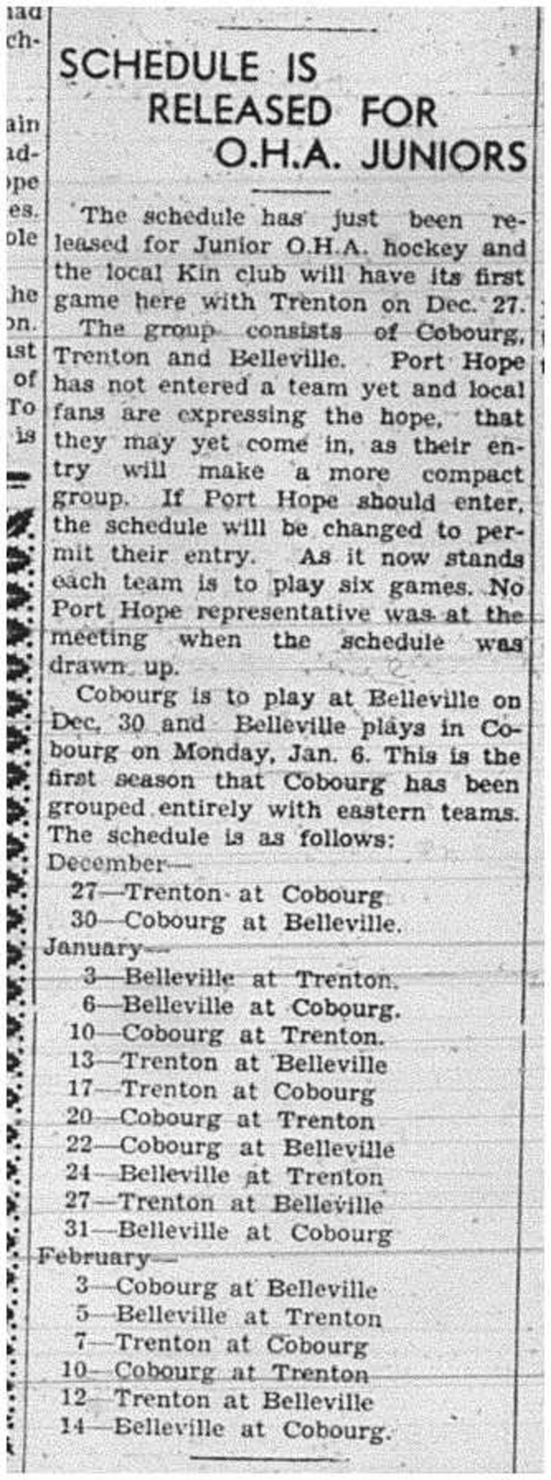 1940-12-19 Hockey -Junior Schedule Released