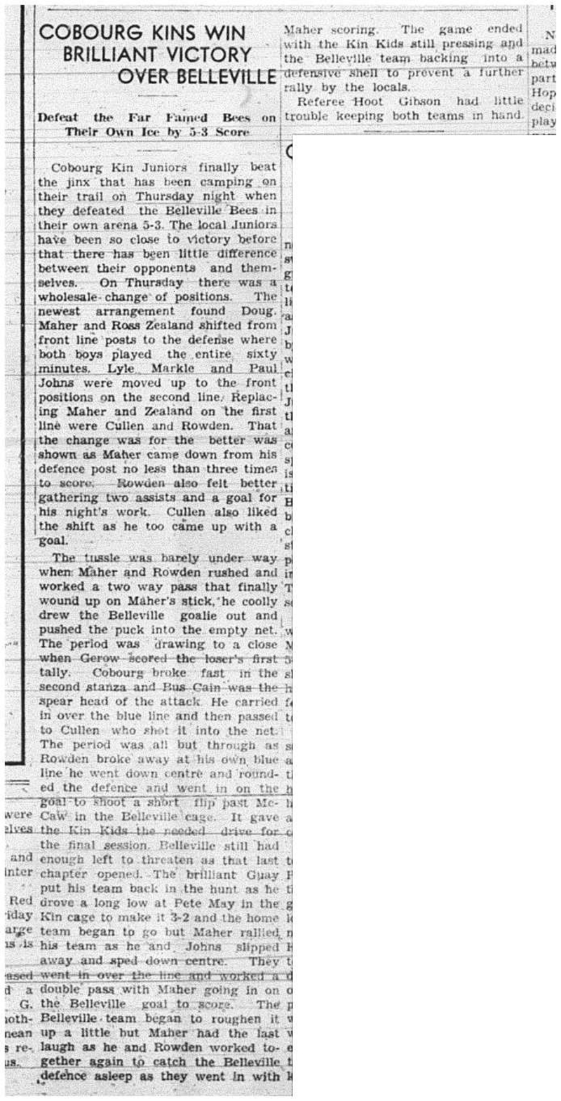 1941-01-30 Hockey -Cobourg Kin Juniors vs Belleville
