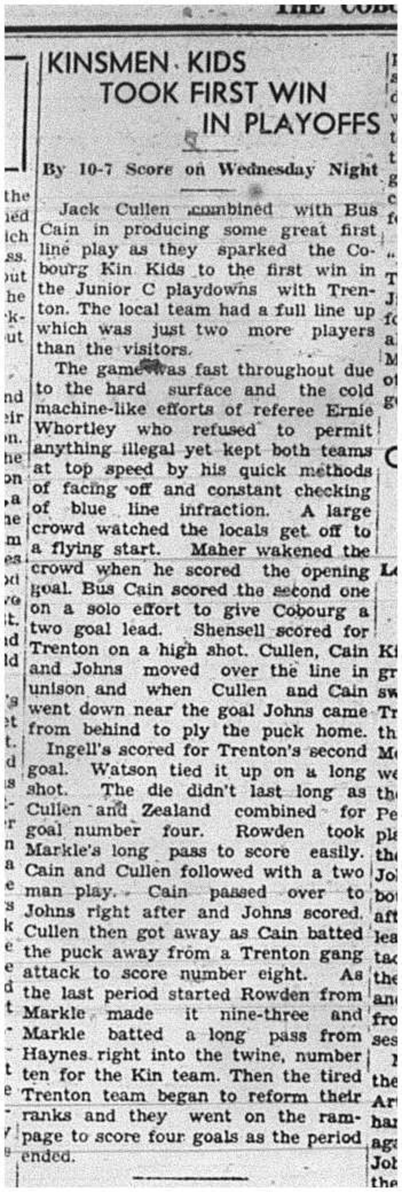 1941-02-27 Hockey -Jr C Kin win Game vs Trenton