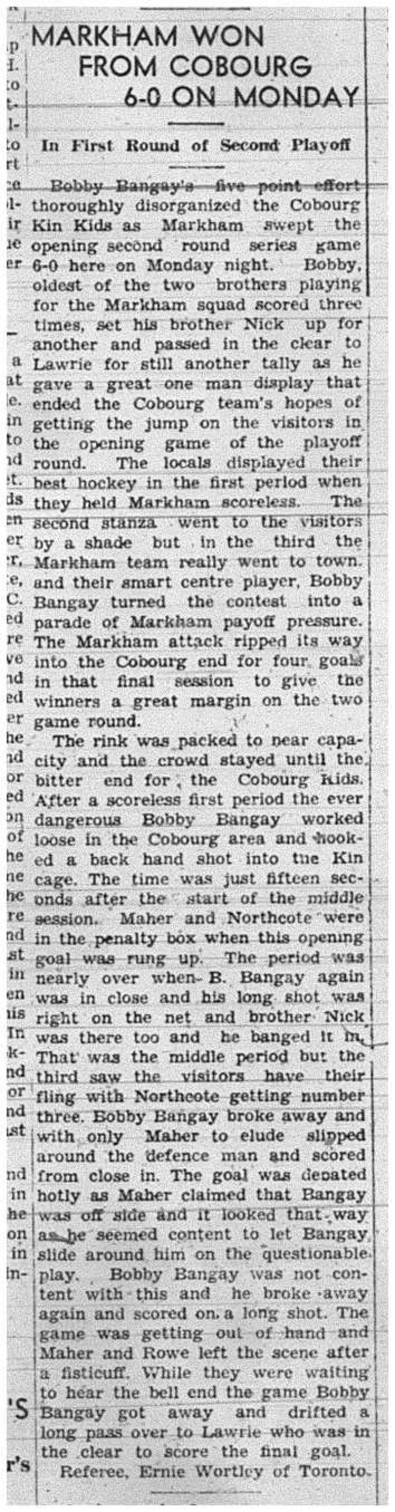 1941-03-13 Hockey -Kin Kids vs Markham -2nd Playoff