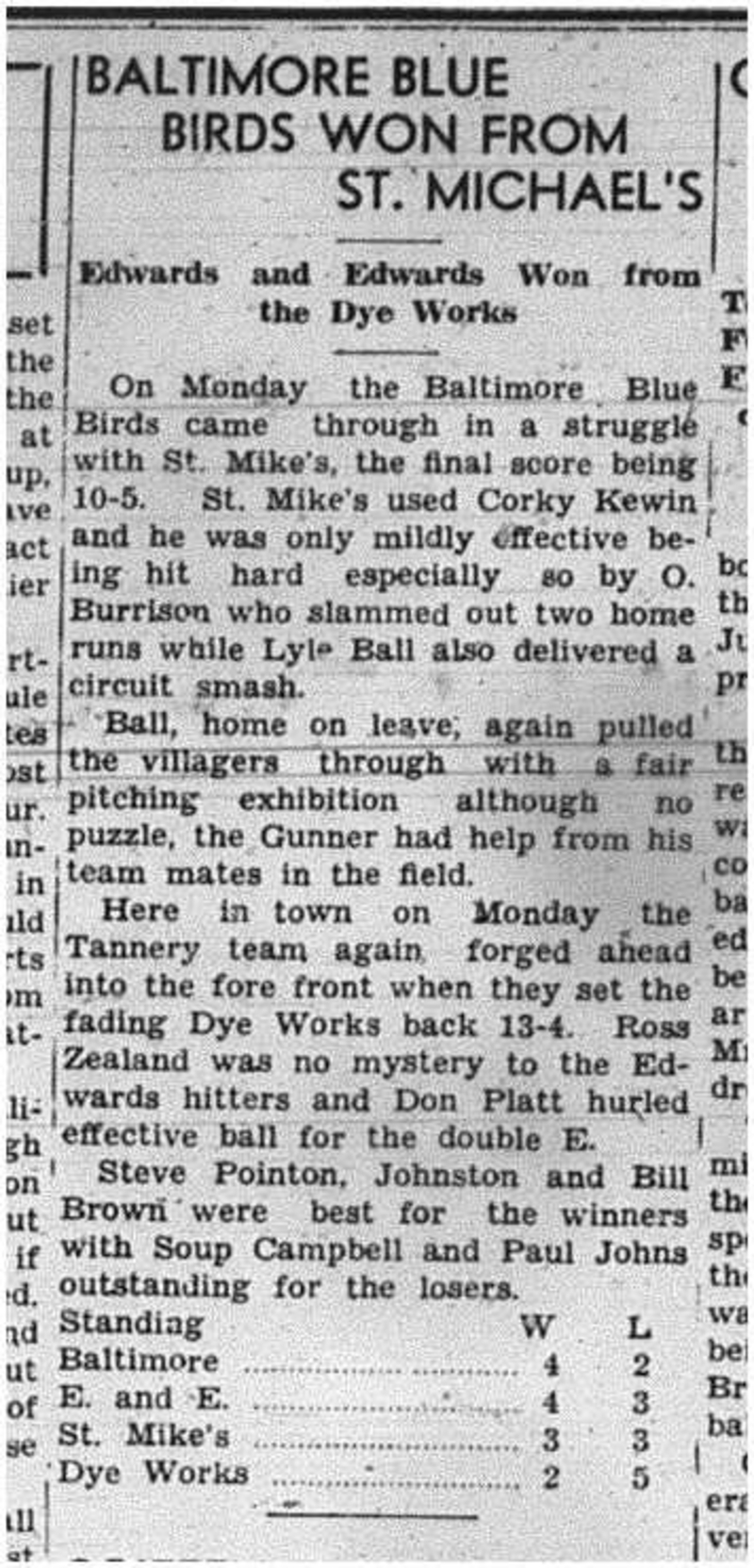1941-07-17 Softball -Cobourg & D Games & Standings