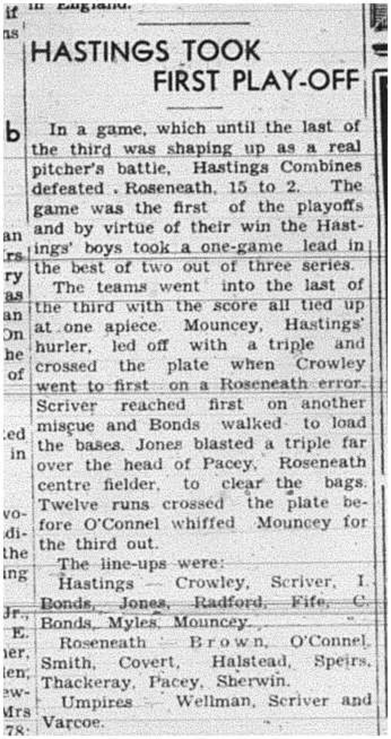 1941-08-07 Baseball -Hastings Combines vs Roseneath