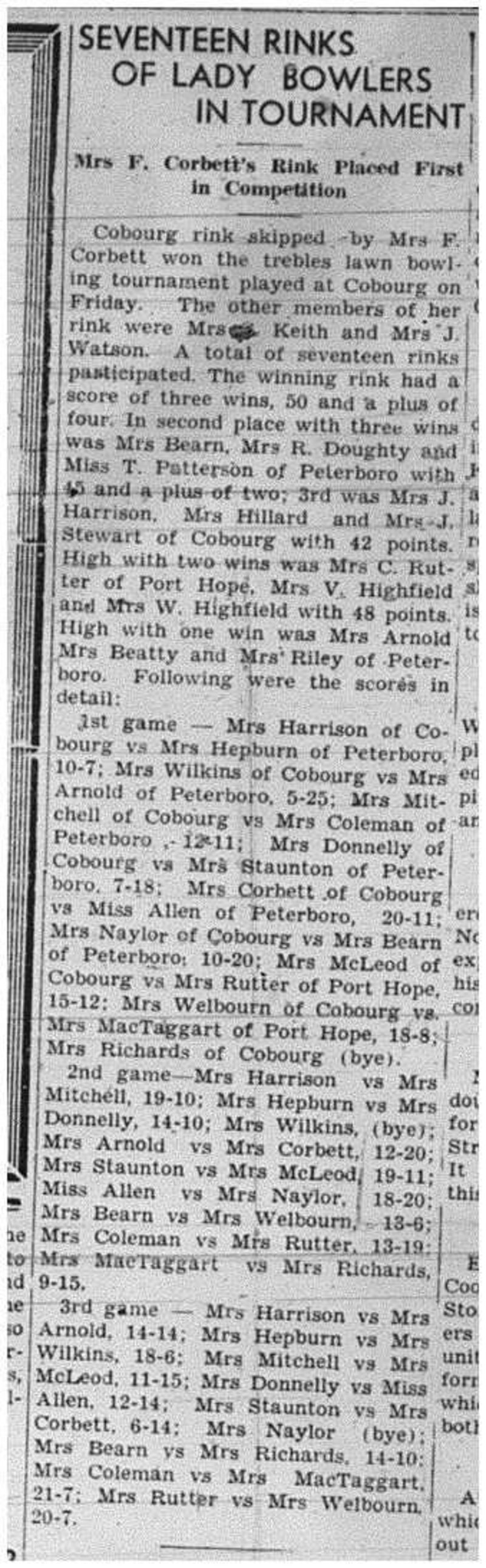 1941-09-18 Lawn Bowling -Ladies treble Tourney