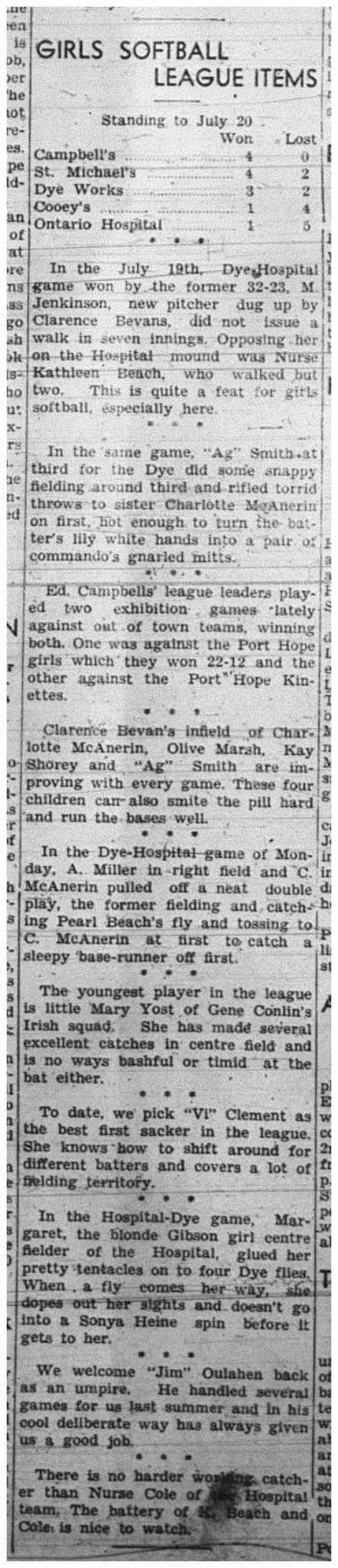 1943-07-22 Softball - Girls News