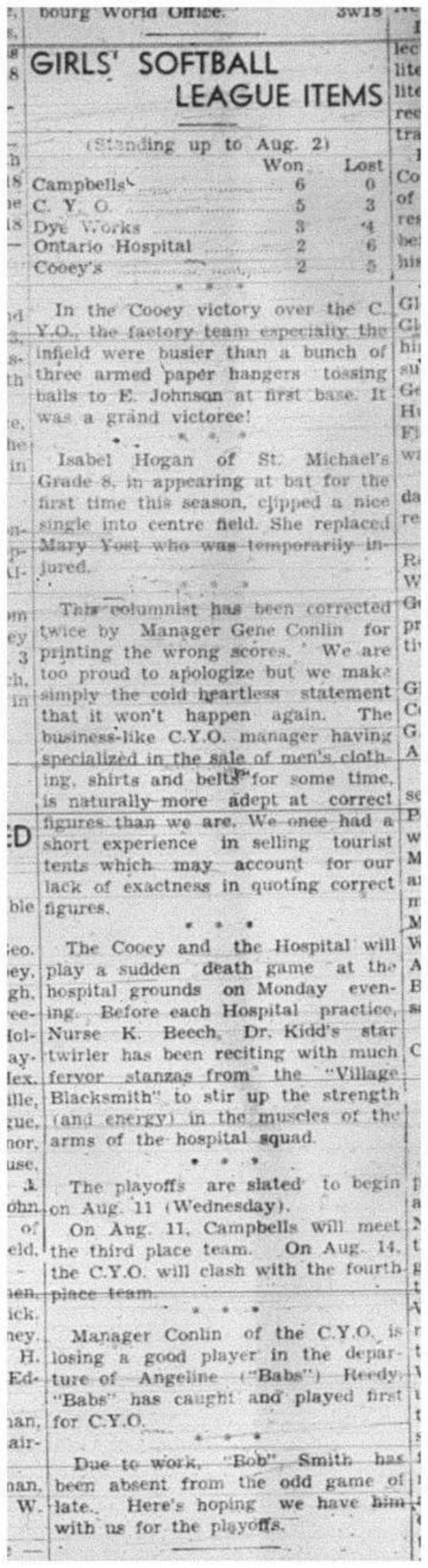 1943-08-05 Softball - Girls League News