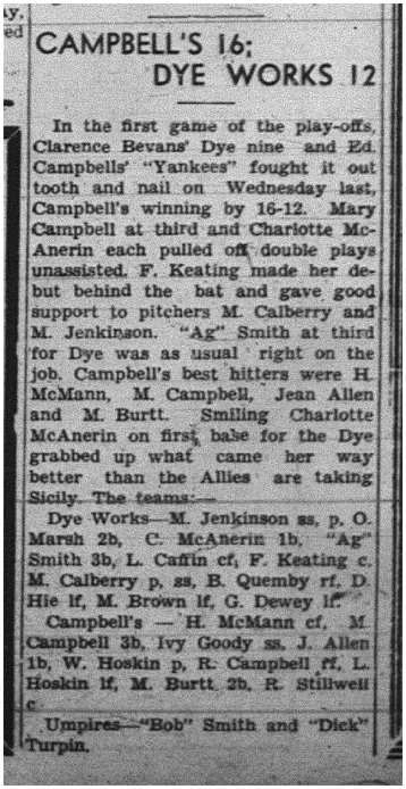 1943-08-19 Softball - Girls Campbells vs Dye Works