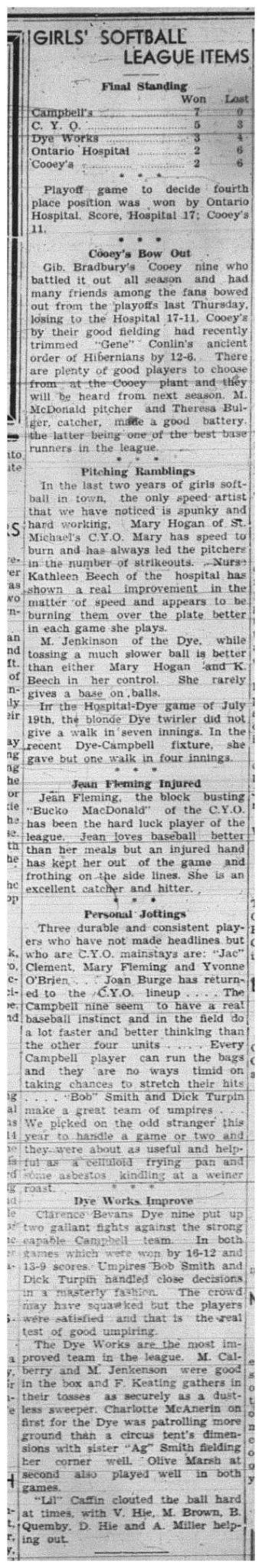 1943-08-19 Softball - Girls League News