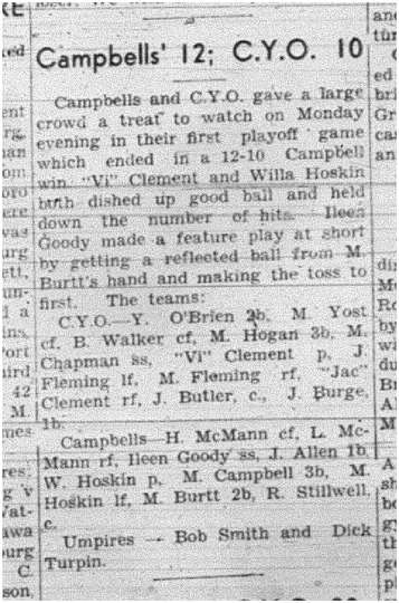 1943-09-02 Softball - Girls Campbells vs CYO