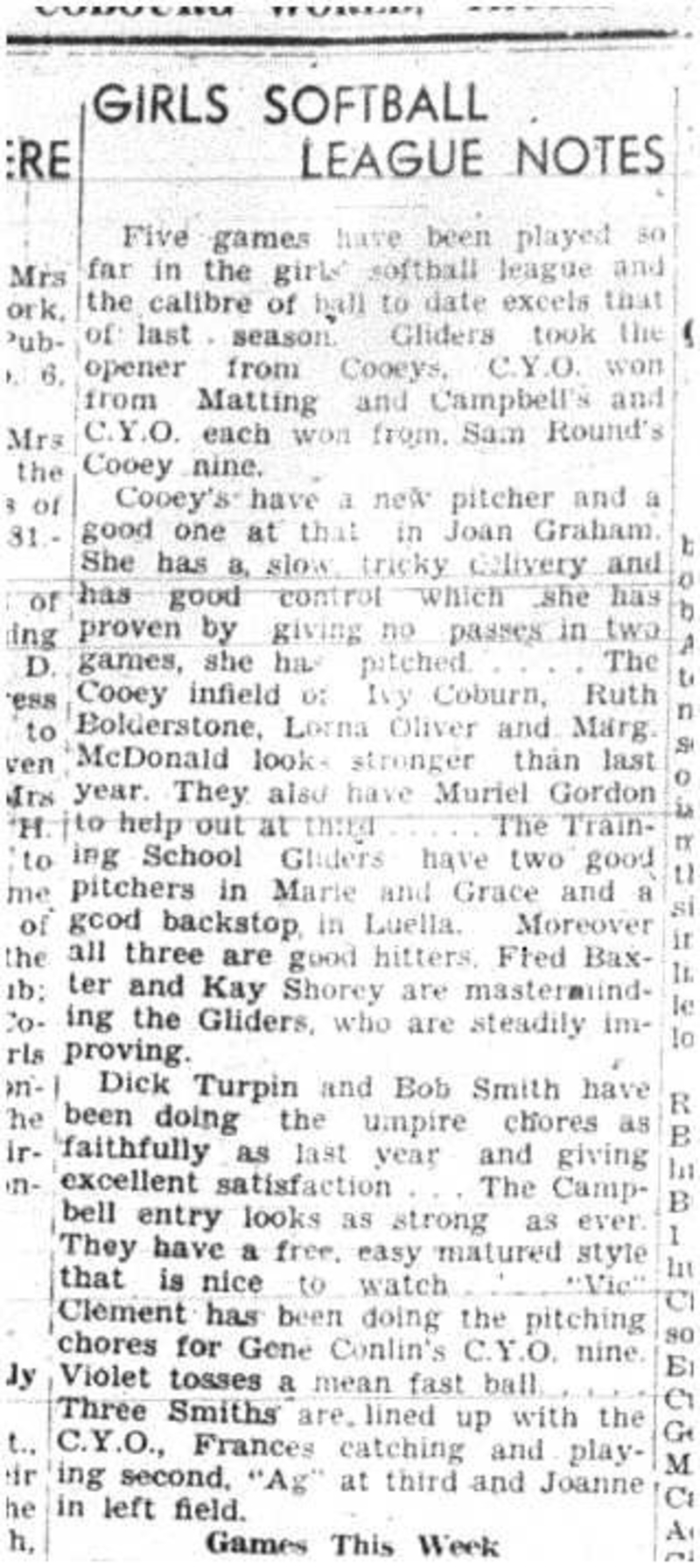 1944-06-13 Softball -Girls League Results