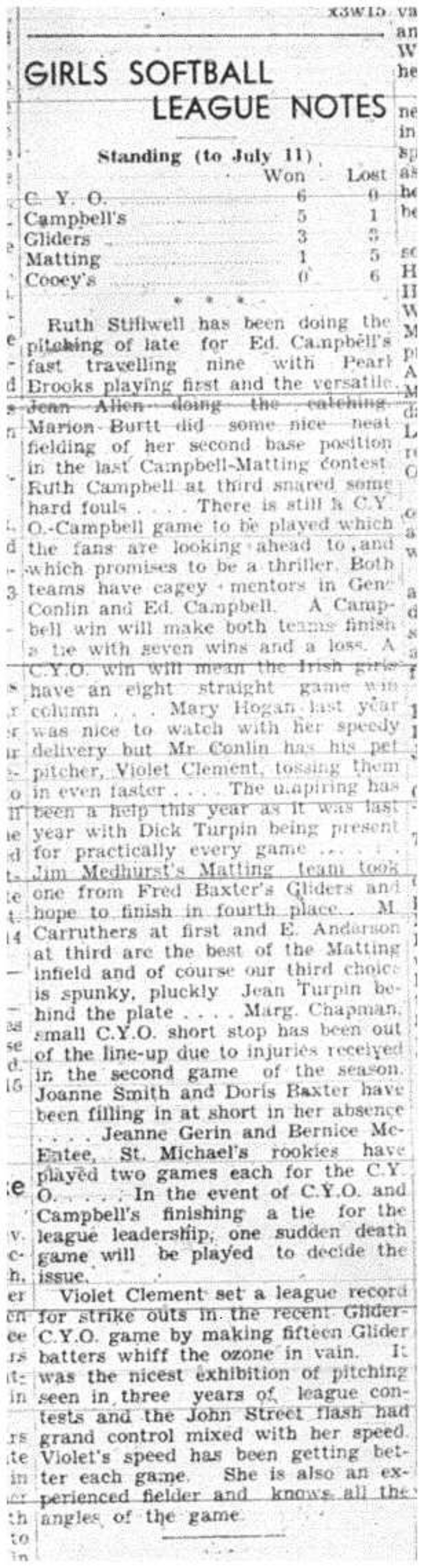 1944-07-13 Softball -Girls League Notes & Standings