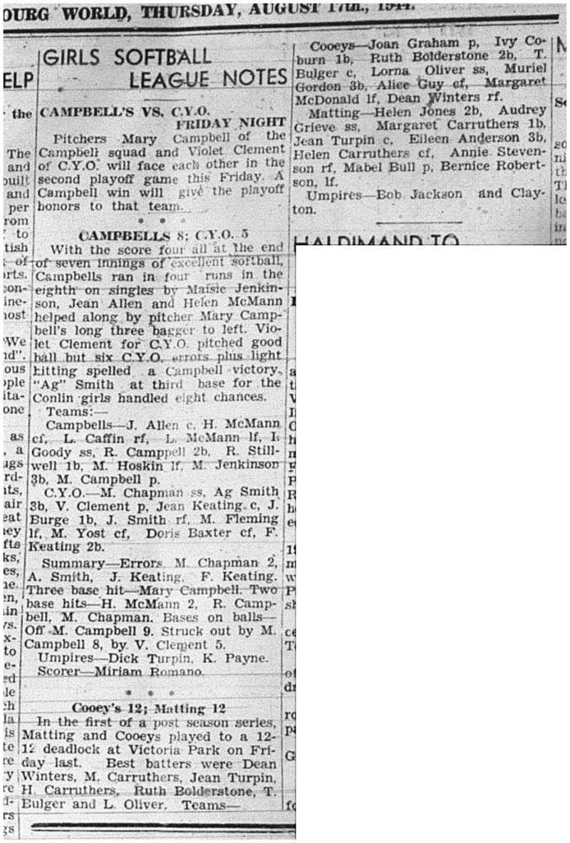 1944-08-17 Softball -Girls League game summaries