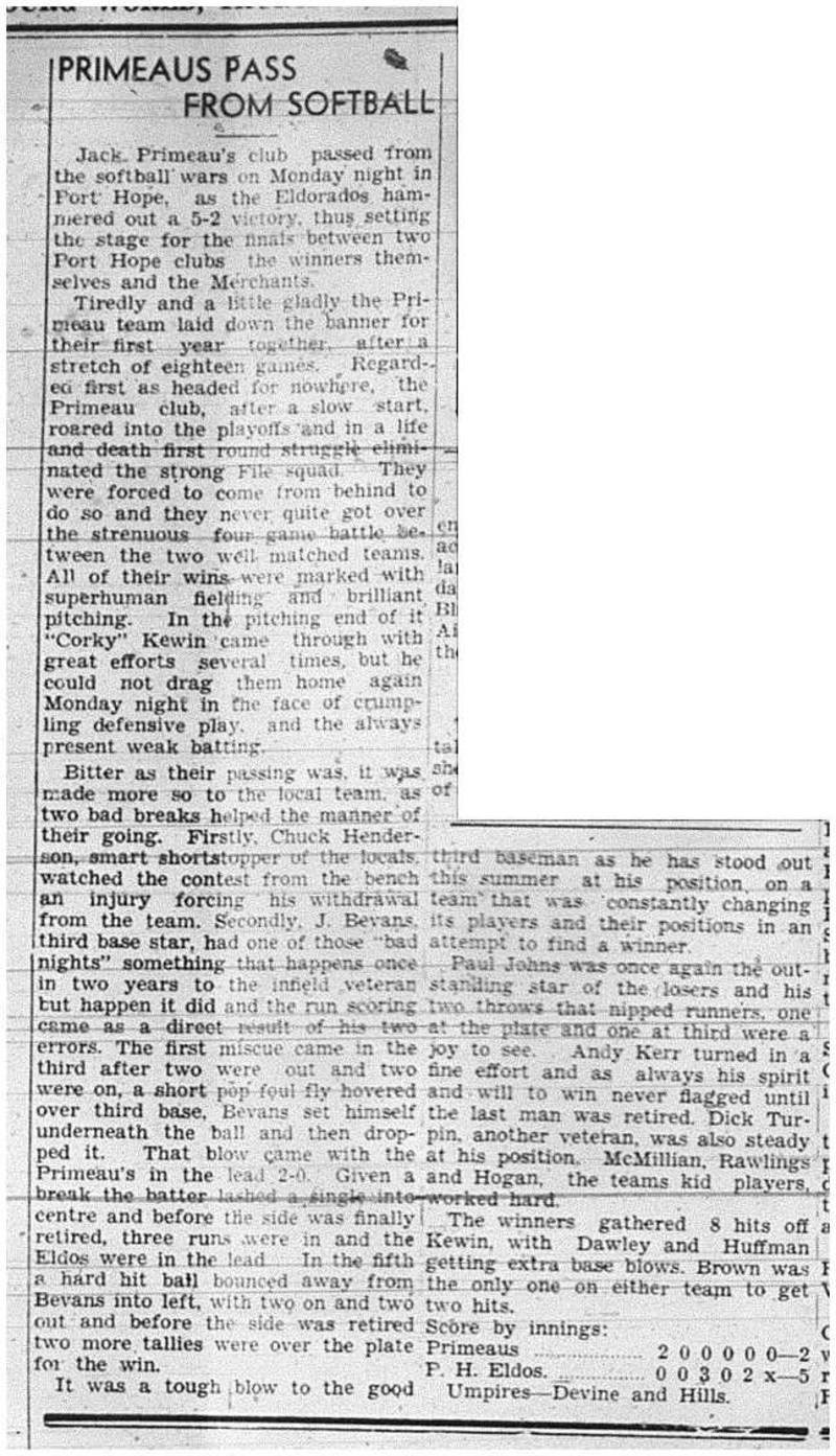 1944-09-14 Softball -Mens League Primeaus lose to Eldorados