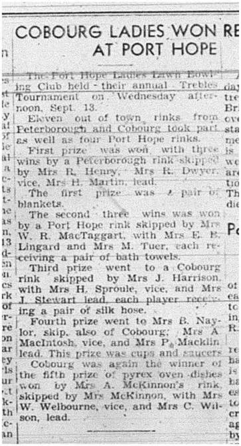 1944-09-24 Lawn Bowling -Ladies Trebles Tourney