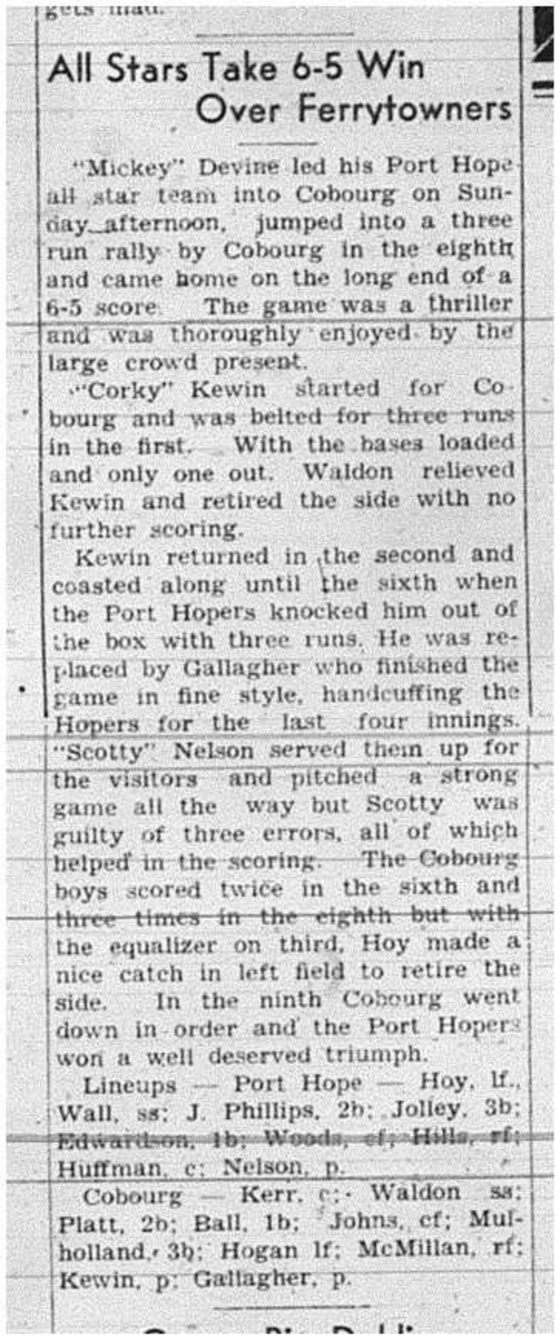 1944-10-05 Softball -Cobourg vs PH AllStars