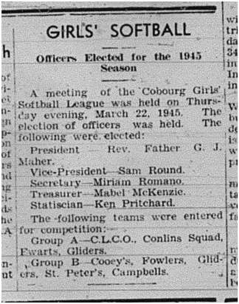1945-03-29 Softball - Cobourg Girls League