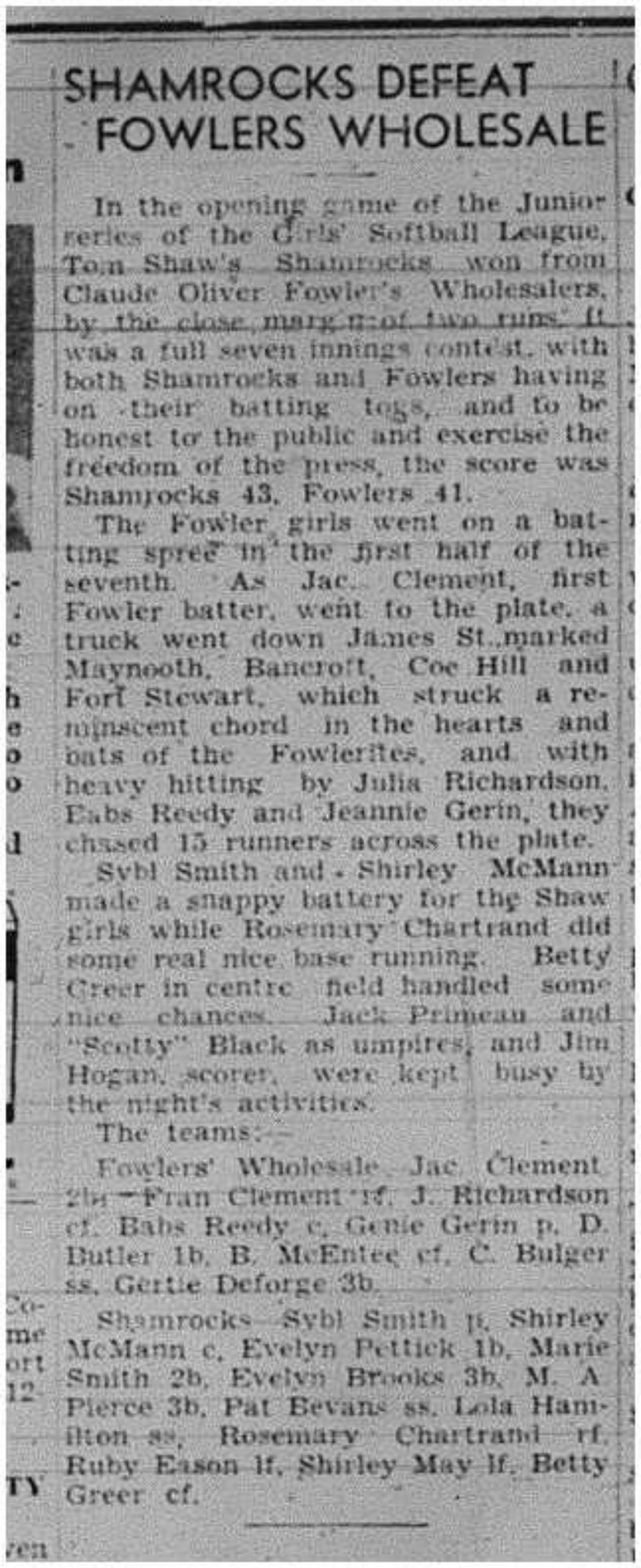 1945-06-14 Softball - Junior Girl's Softball League