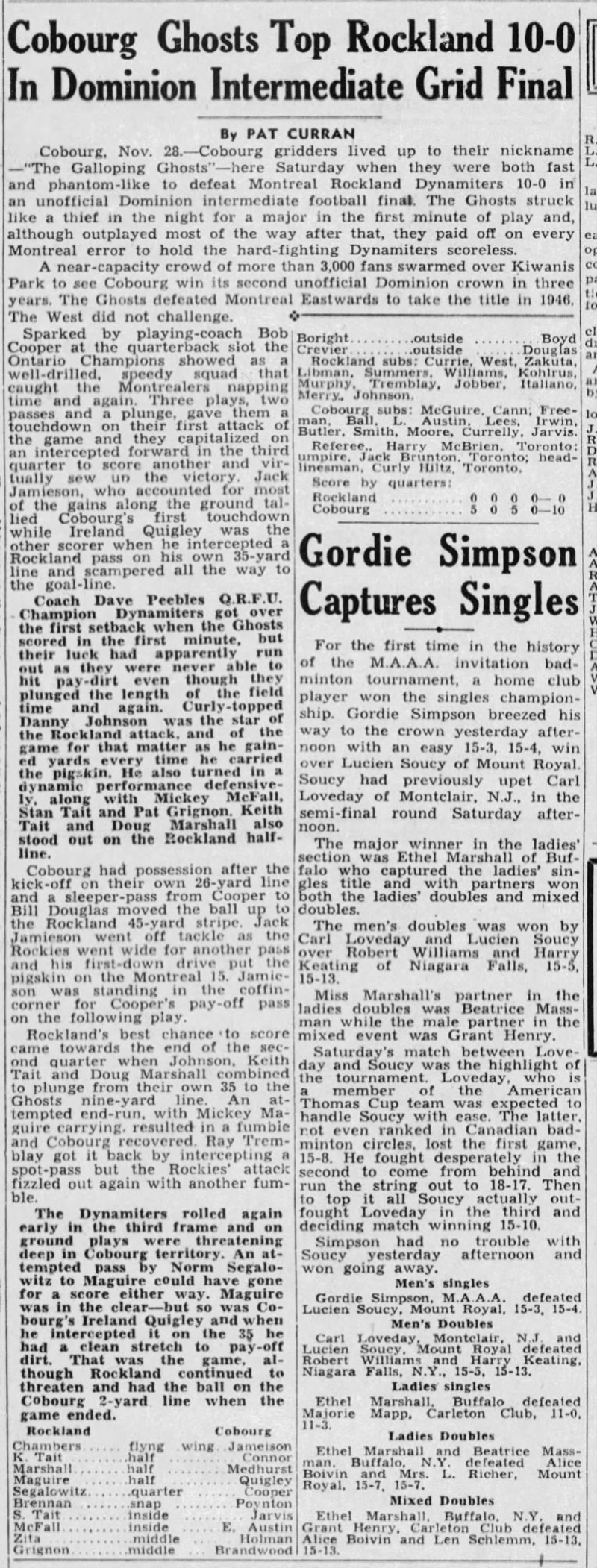 1948-11-29 Football -Galloping Ghosts beat Montreal Rockland -Montreal Gazette