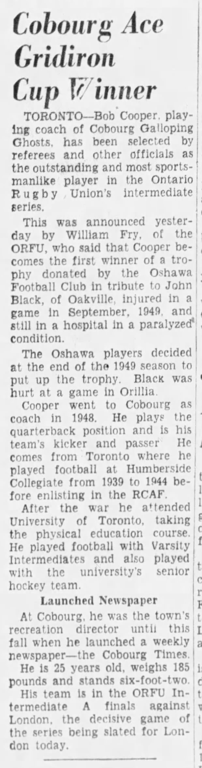 1950-11-18 Football -Bob Cooper of GG wins award -Ottawa Citizen