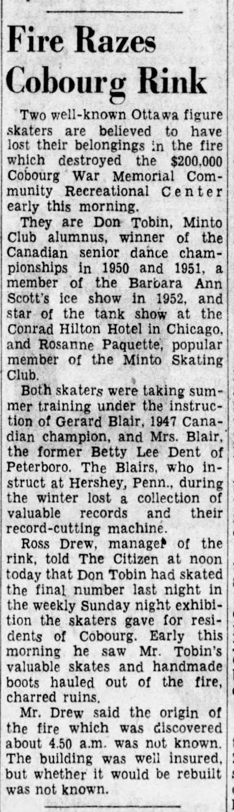 1953-08-17 Facilities -Cobourg Memorial Arena burns -Ottawa Citizen