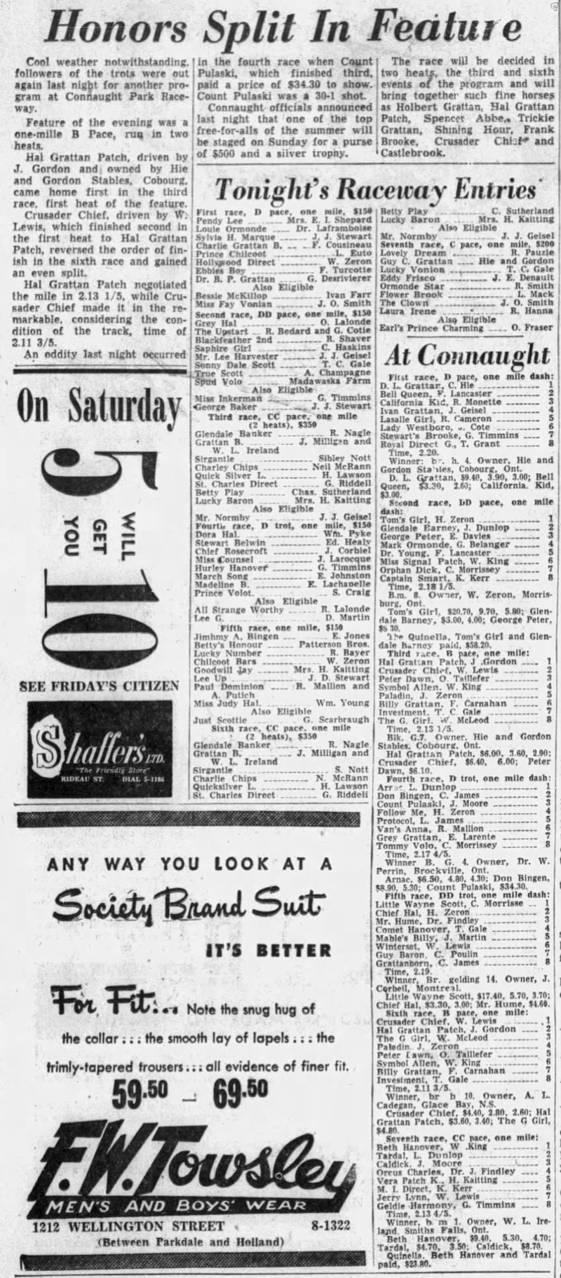 1954-09-16 Horses -Cobourg Harness Racing at Connaught Ottawa -Ottawa Citizen