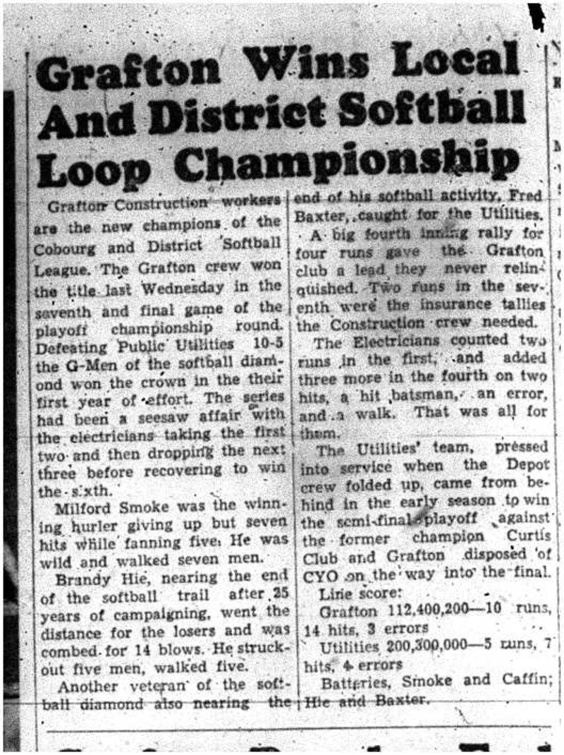 1955-09-29 Softball -Grafton wins Cobourg & D League