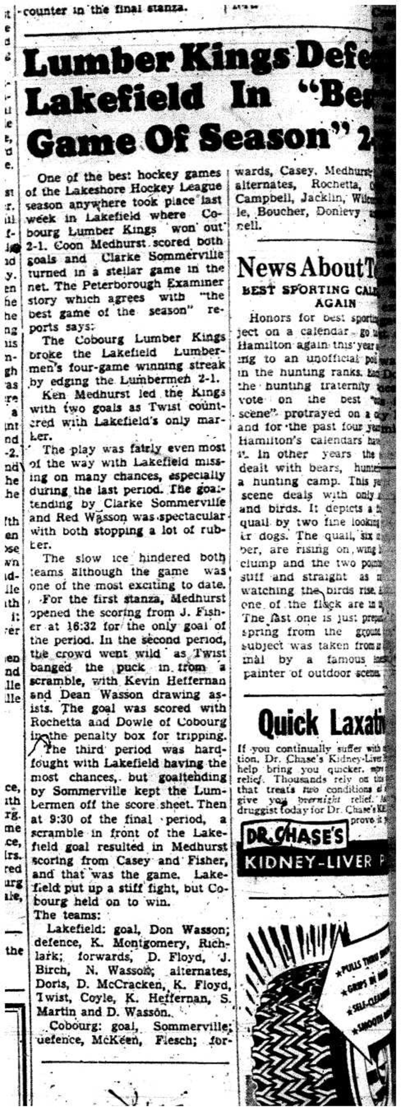 1956-01-12 Hockey -Intermediates -Lumber Kings vs Lakefield
