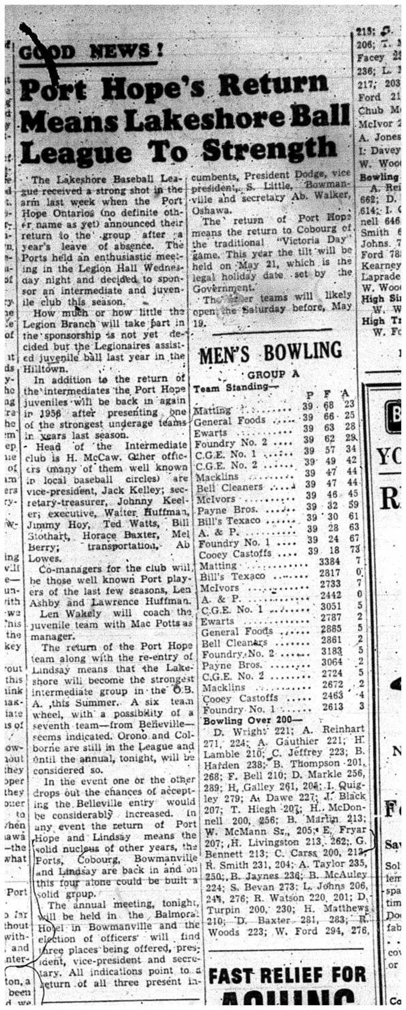 1956-04-12 Baseball -Intermediates-PH returns to Lakeshore League