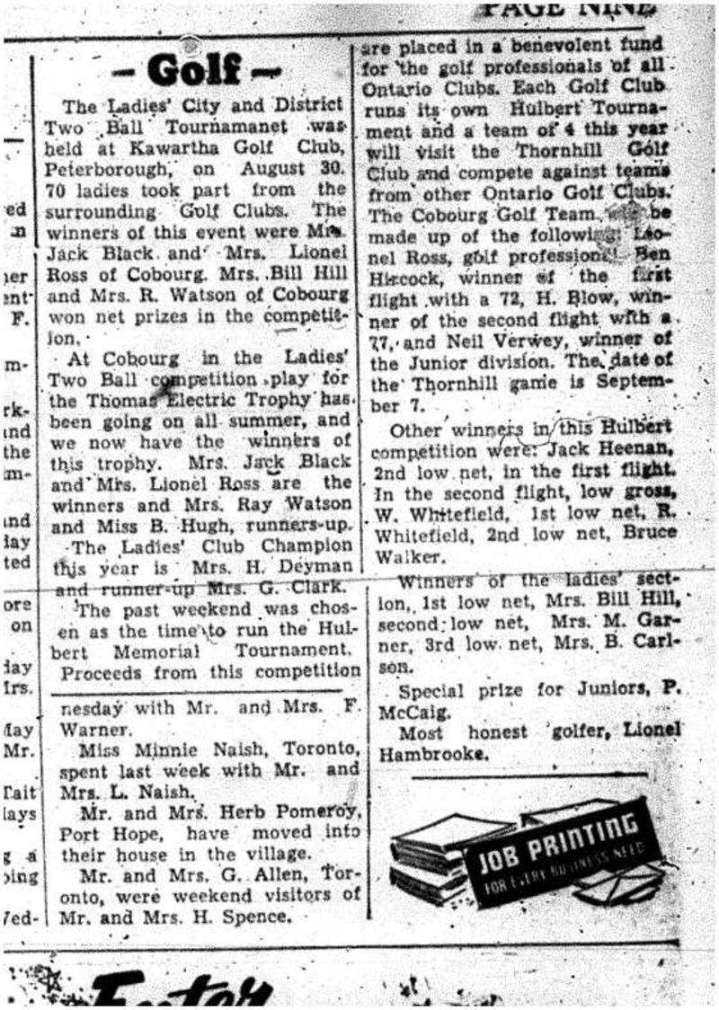 1956-09-06 Golf -Ladies Tourneys at Kawartha & Cobourg