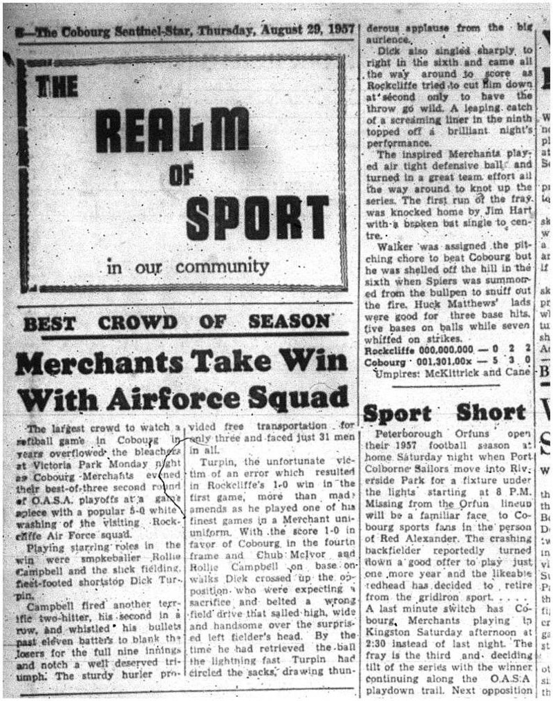 1957-08-29 Softball -Merchants vs Rockliffe Air Force OASA Playoff