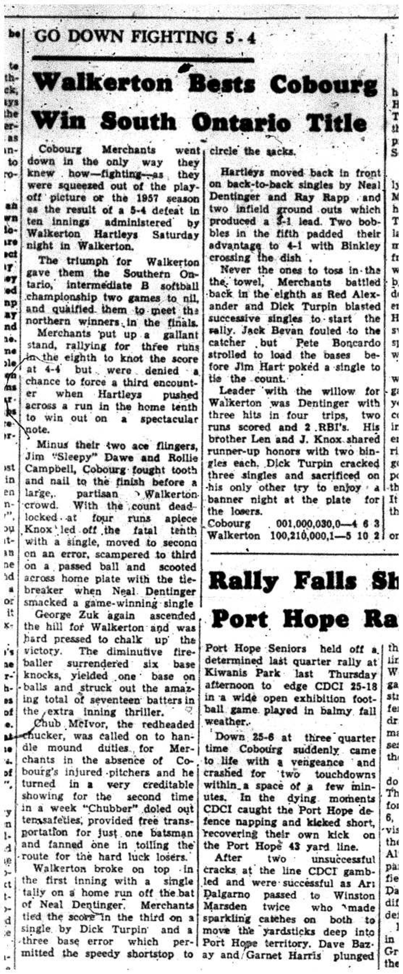 1957-10-10 Softball -Intermediate Merchants vs Walkerton in Championship